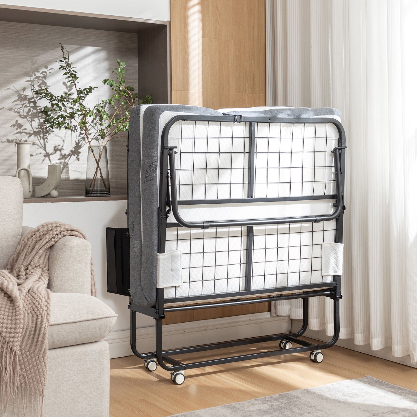 Foldable Metal Frame Bed For Guest With Memory Foam Mattress On Wheels, Saving Space Rollaway Bed - The Sleep Loft - Online Mattress Showroom NYC