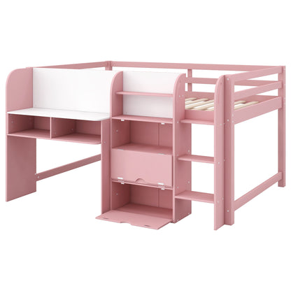 Low Loft Bed With Built In Desk, Storage Cabinets, Open Bookcase And Doodle board - The Sleep Loft - Online Mattress Showroom NYC