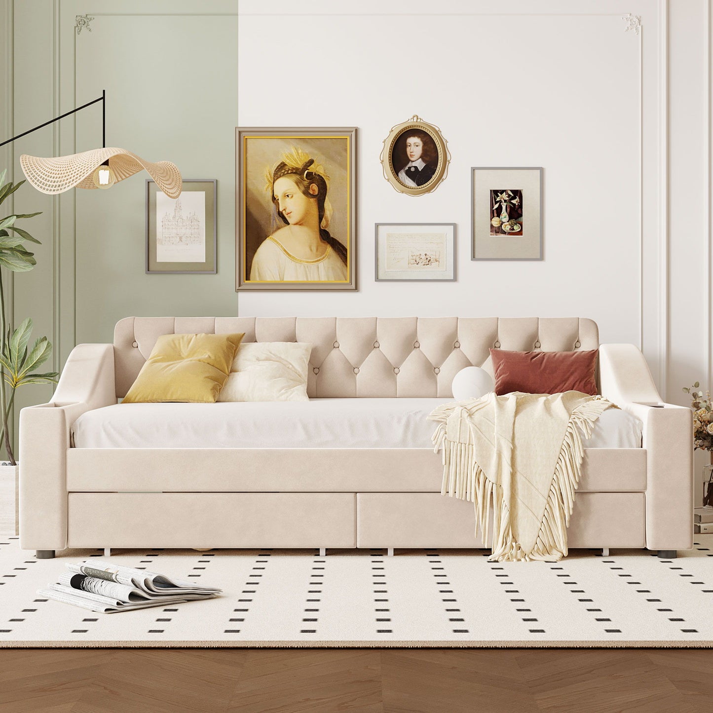 Upholstered Daybed With Storage Armrests And USB Port - The Sleep Loft - Online Mattress Showroom NYC