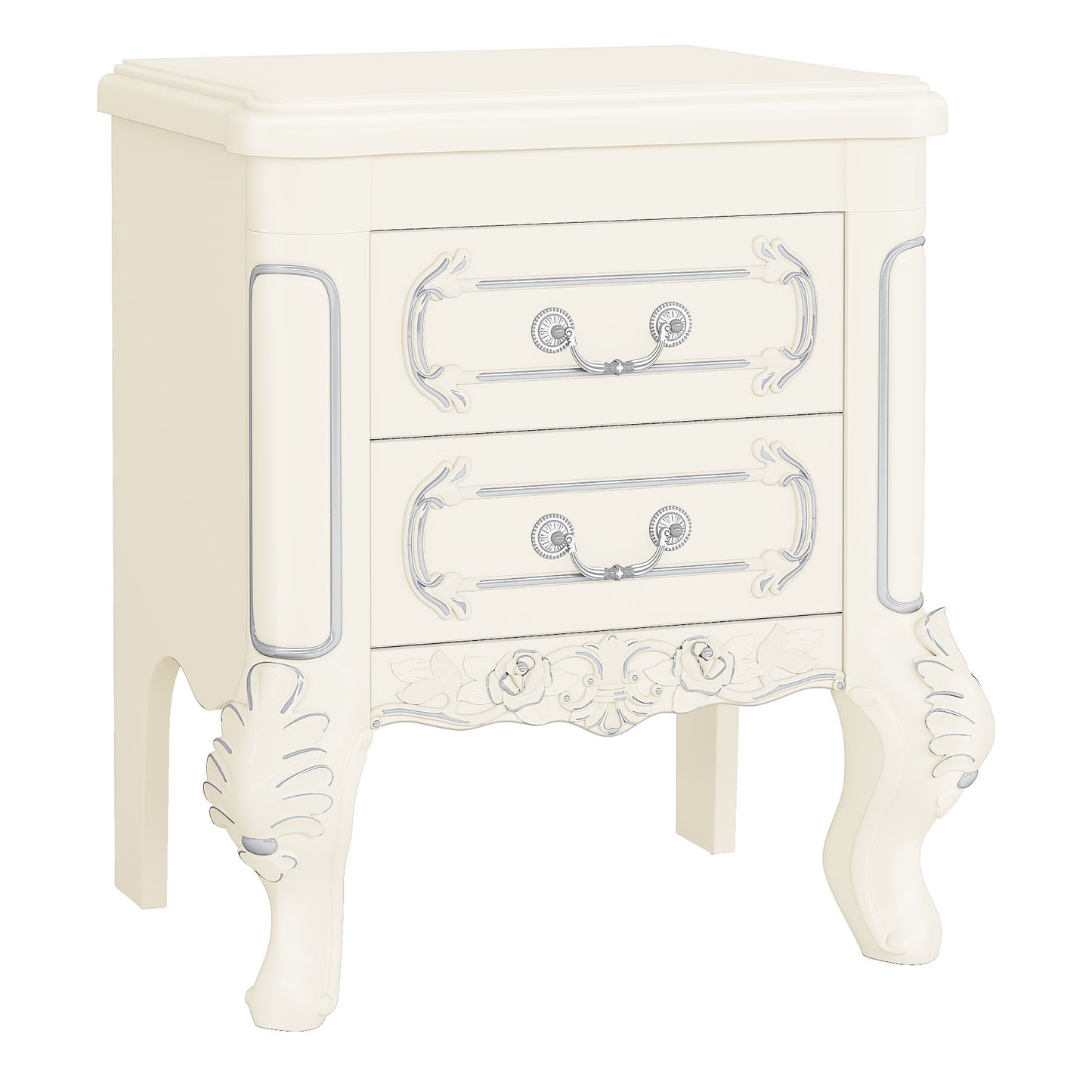 Carved Nightstand With 2 Drawers, Bedside Table - White