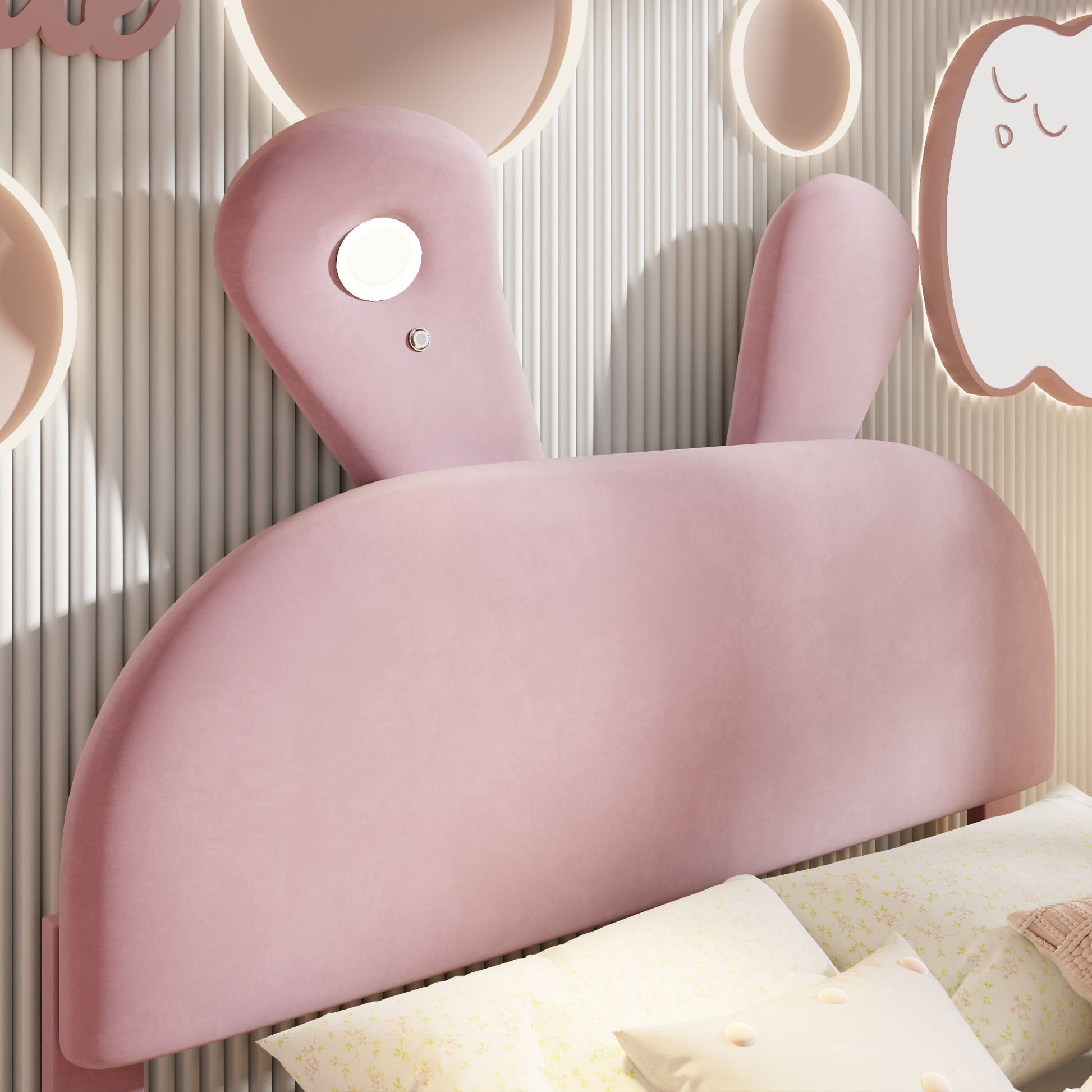 Full Upholstered Platform Bed With Cartoon Ears Headboard And LED Light - Pink - The Sleep Loft - Online Mattress Showroom NYC