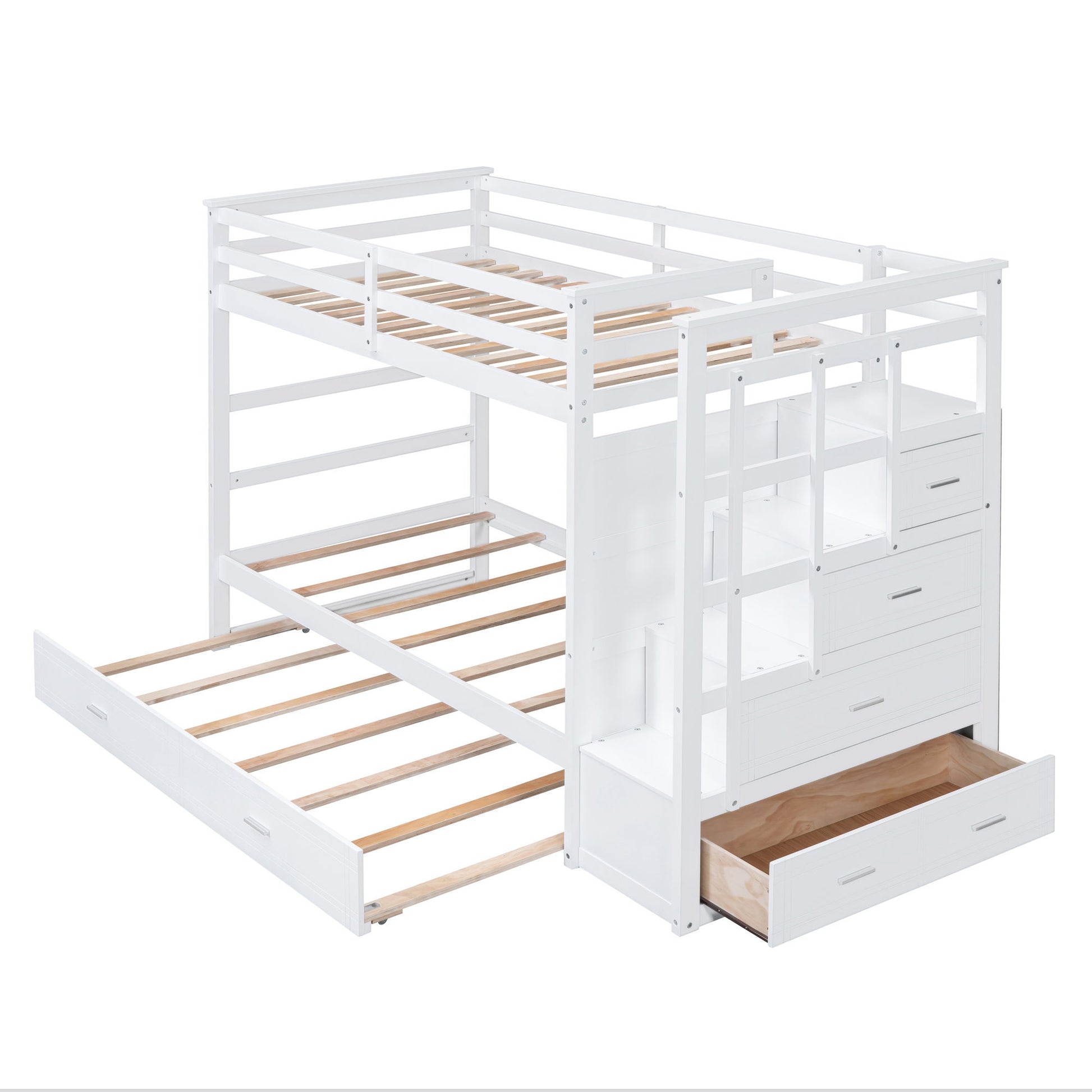 Twin Over Twin Bunk Bed With Trundle And Staircase - White - The Sleep Loft - Online Mattress Showroom NYC
