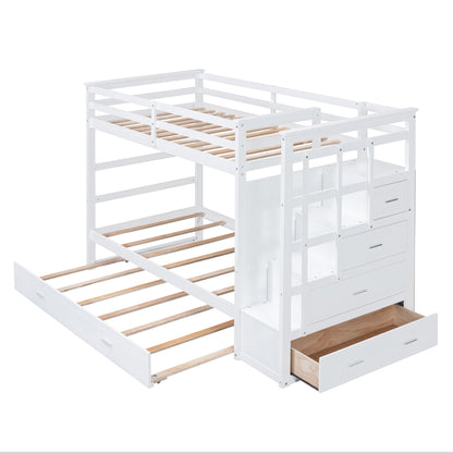Twin Over Twin Bunk Bed With Trundle And Staircase - White - The Sleep Loft - Online Mattress Showroom NYC