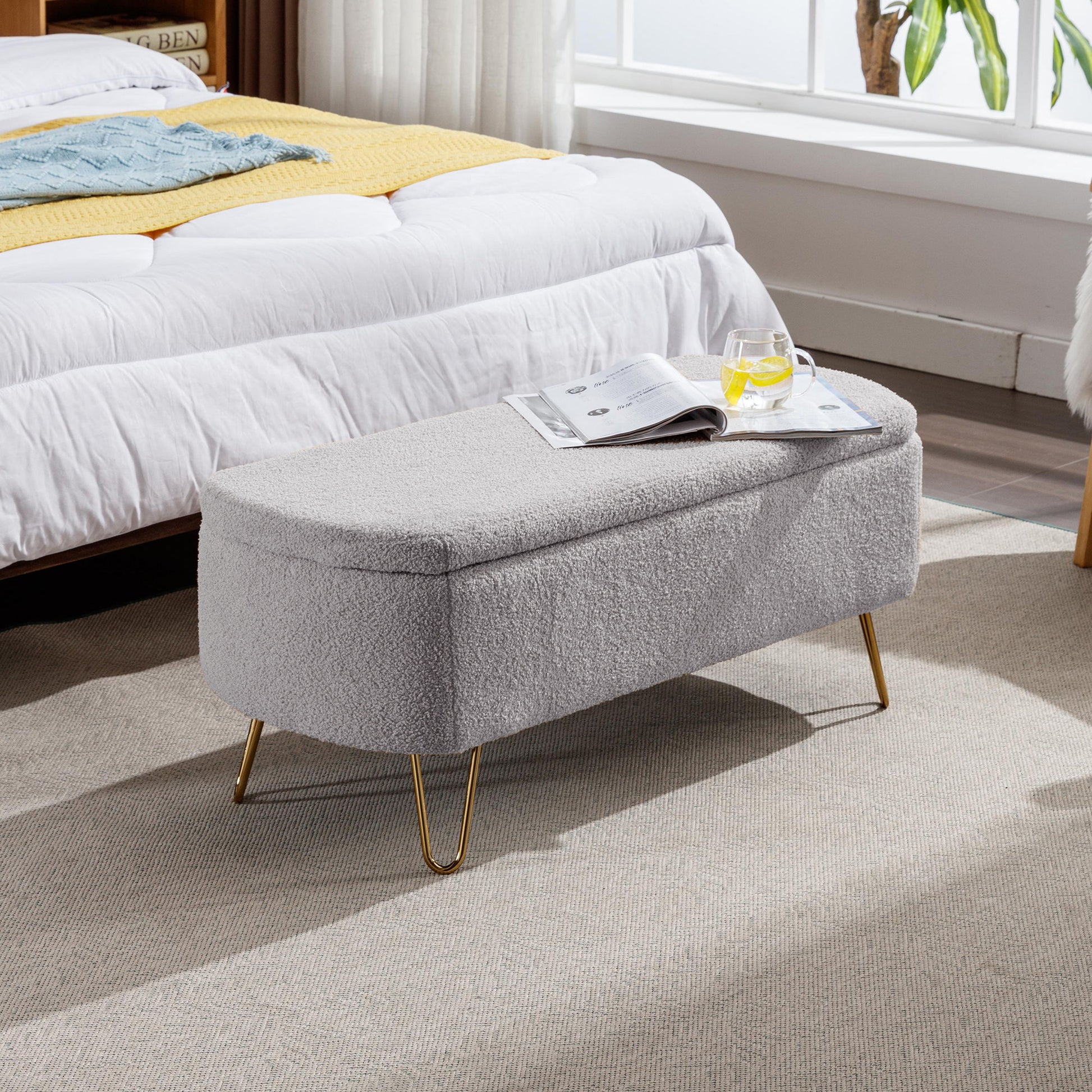 Storage Ottoman Bench For End Of Bed Legs, Modern Camel Faux Fur Entryway Bench Upholstered Padded With Storage For Living Room Bedroom - The Sleep Loft - Online Mattress Showroom NYC