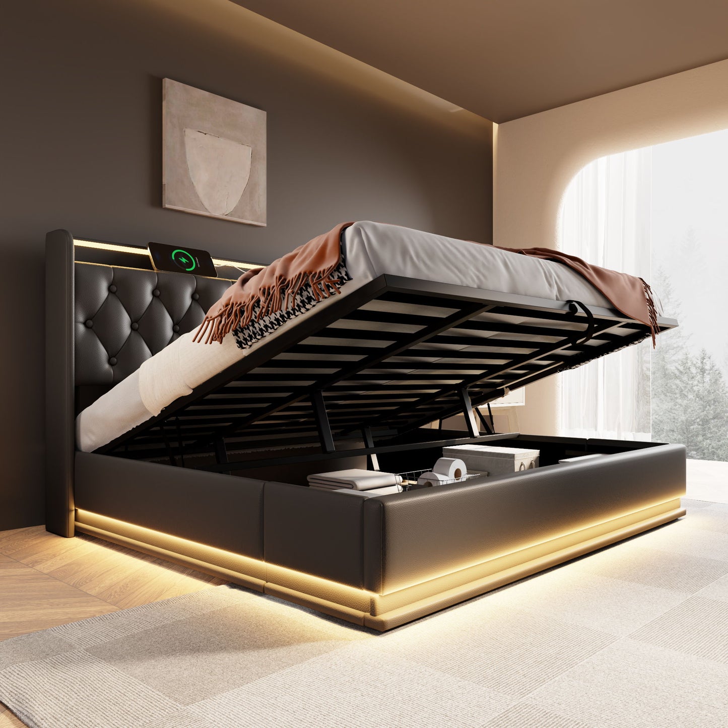 Upholstered Bed, 360 Surround LED Function, Remote Control, Hydraulic Storage Bed With USB, Type-C Charging (Without Mattress) - The Sleep Loft - Online Mattress Showroom NYC