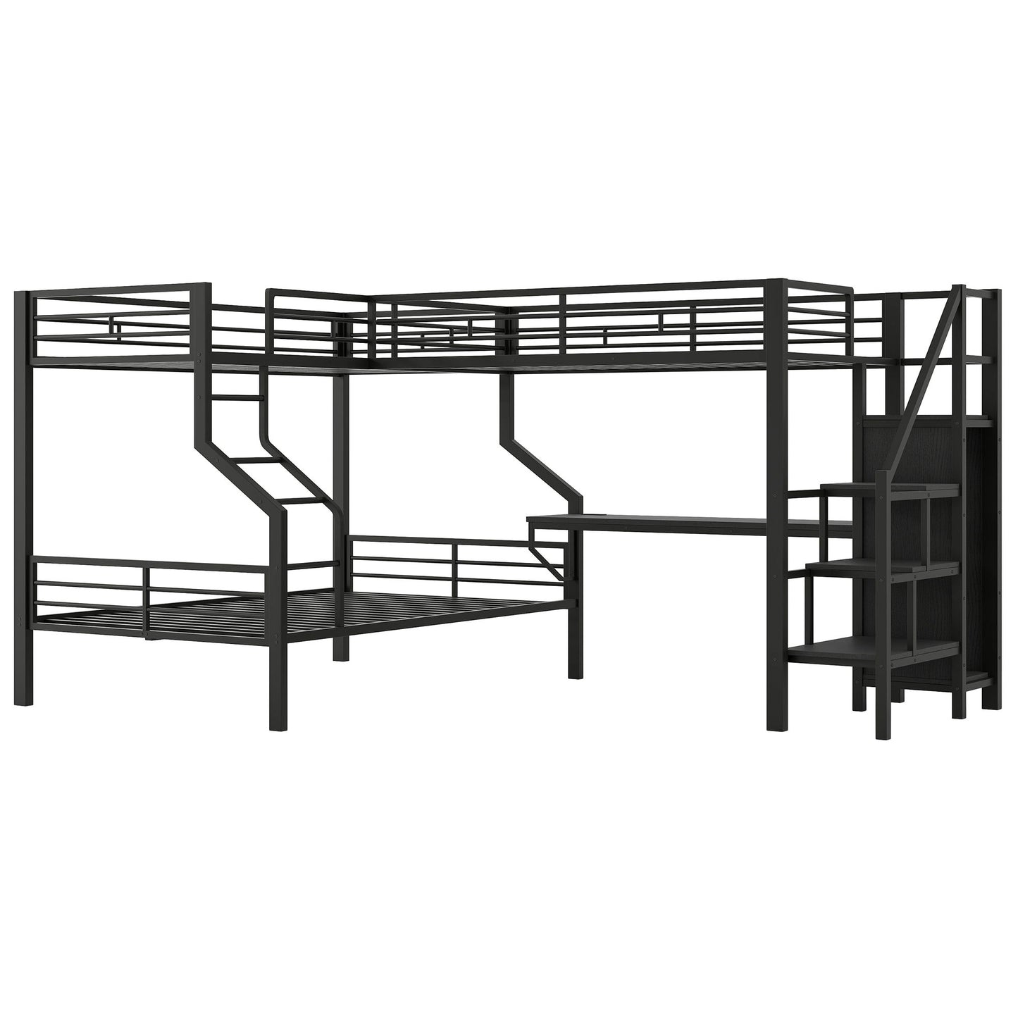 Twin Over Full L Shaped Bunk & Loft Bed With Built-In Wardrobe, Desk, And USB Ports - Black - The Sleep Loft - Online Mattress Showroom NYC
