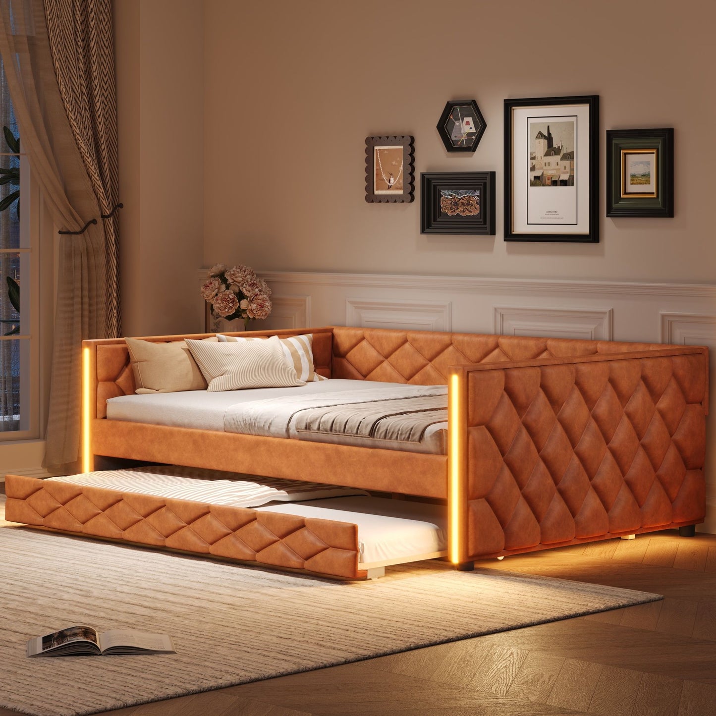 Upholstered Full Long Daybed With Trundle And LED Armrests - Brown - The Sleep Loft - Online Mattress Showroom NYC