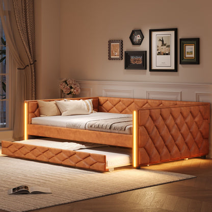 Upholstered Full Long Daybed With Trundle And LED Armrests - Brown - The Sleep Loft - Online Mattress Showroom NYC