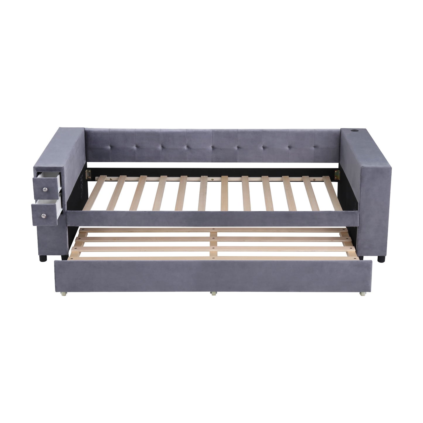 Upholstered Bed With Storage And Twin Trundle, USB Charging Ports - The Sleep Loft - Online Mattress Showroom NYC