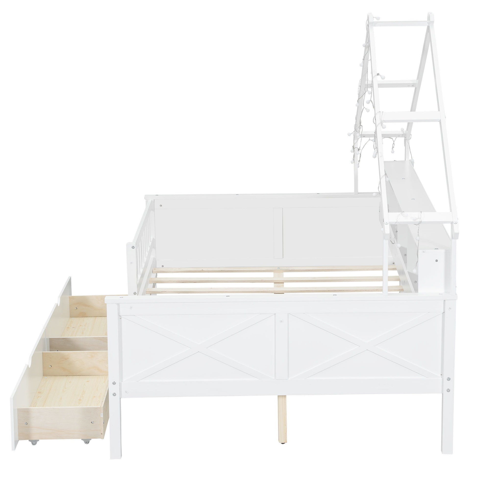 House Style Platform Bed With LED Lights, Storage Shelves, Drawers, And Guardrail - The Sleep Loft - Online Mattress Showroom NYC