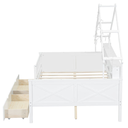 House Style Platform Bed With LED Lights, Storage Shelves, Drawers, And Guardrail - The Sleep Loft - Online Mattress Showroom NYC
