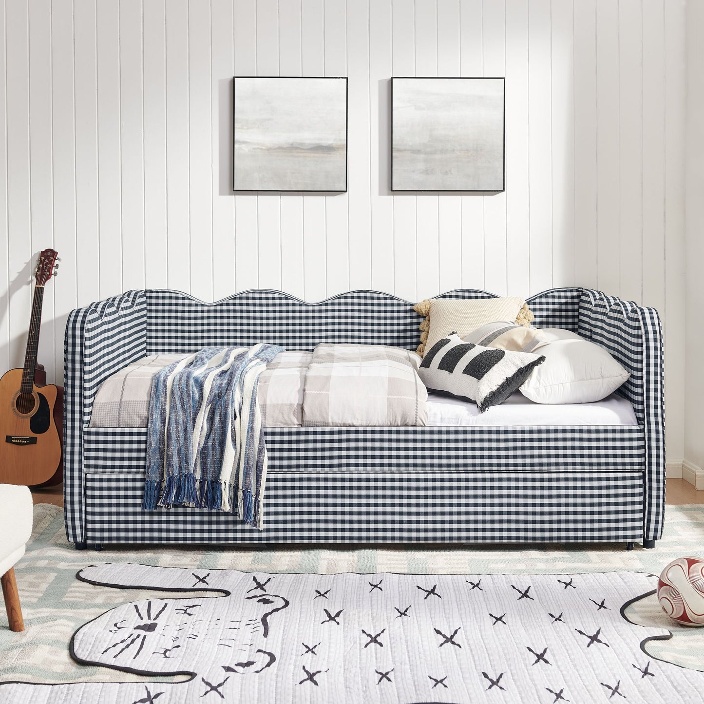 Gingham Daybed With USB Charging Port, Wave-Shaped Design - The Sleep Loft - Online Mattress Showroom NYC