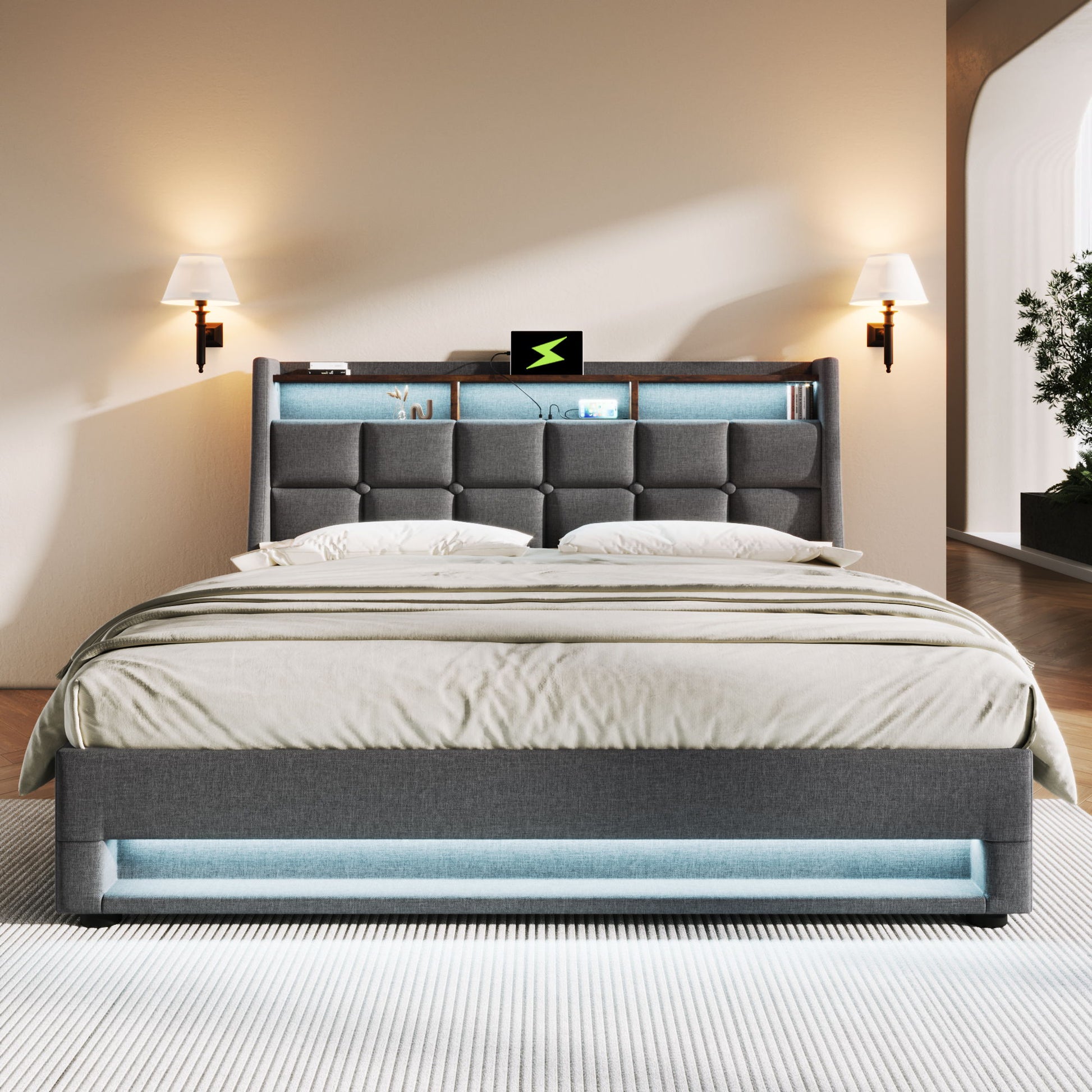 Upholstered Platform Bed With A Hydraulic Storage System, LED And USB Charging (Without Mattress) - The Sleep Loft - Online Mattress Showroom NYC