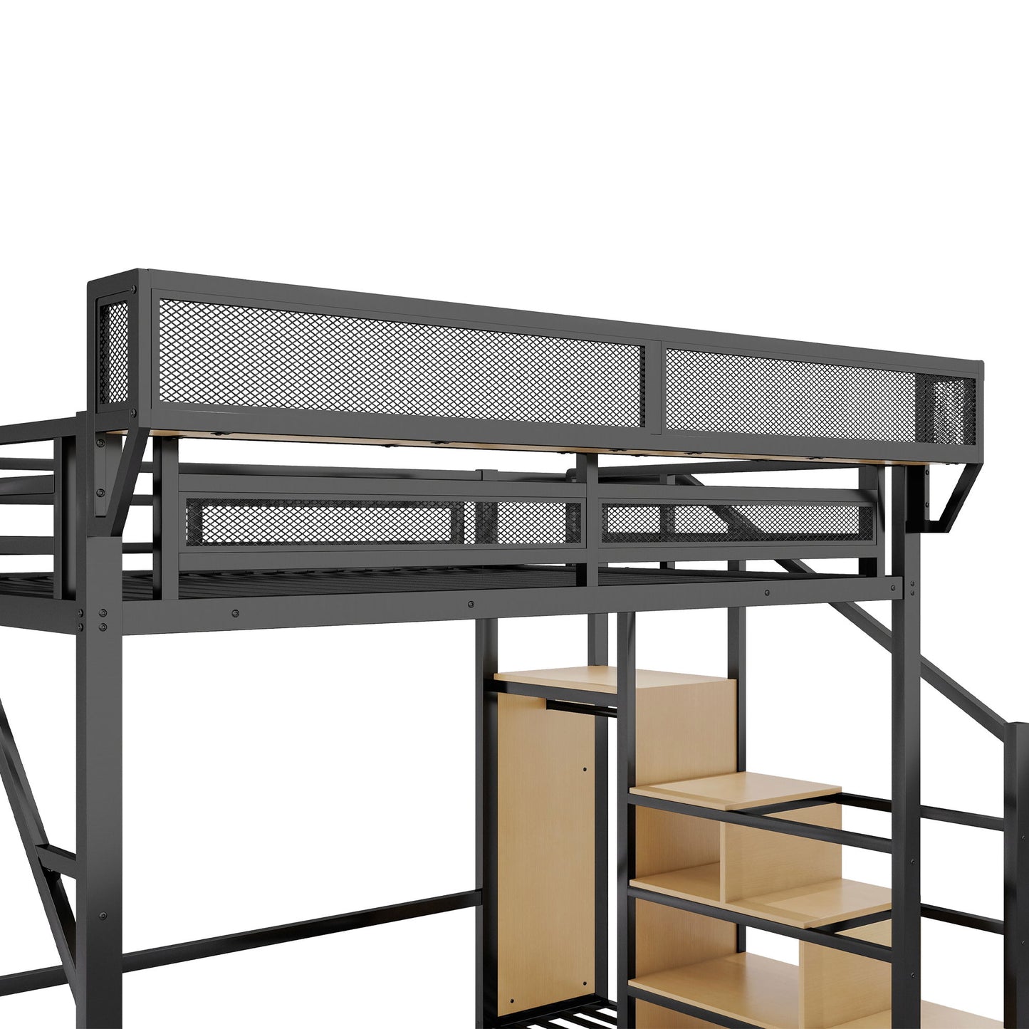 Queen Size Loft Bed & Stairs, Storage Shelves, Wardrobe - Black / Wood - The Sleep Loft - Online Mattress Showroom NYC