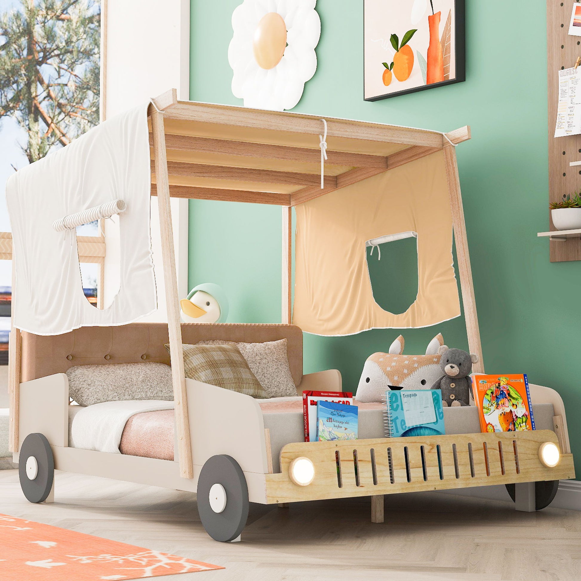 Twin Size Car Bed & Pillow, Ceiling Cloth And LED - Natural - The Sleep Loft - Online Mattress Showroom NYC