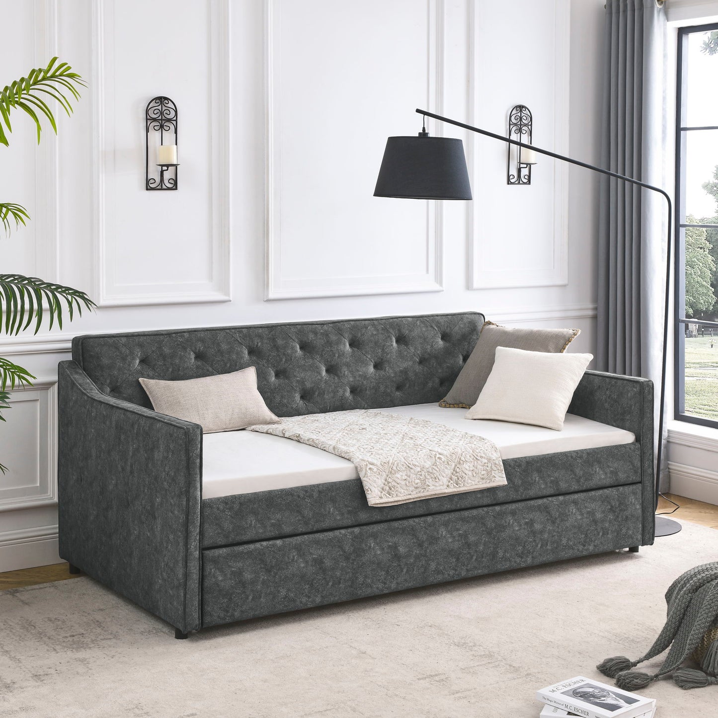 Twin Upholstered Daybed With Trundle, Waved Arms - Gray - The Sleep Loft - Online Mattress Showroom NYC