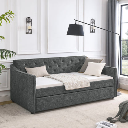 Twin Upholstered Daybed With Trundle, Waved Arms - Gray - The Sleep Loft - Online Mattress Showroom NYC