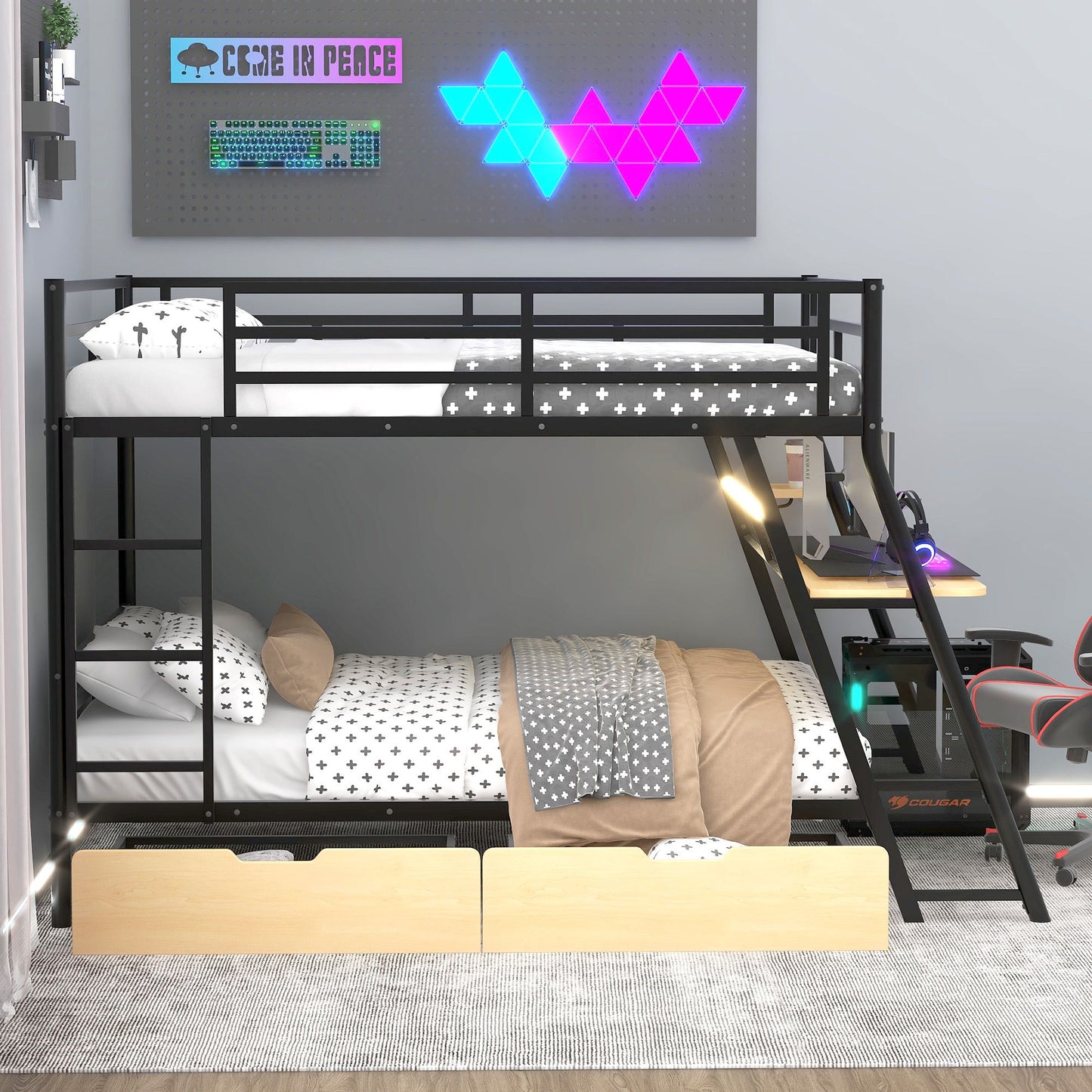 Full Size Bunk Bed With Built In Desk, Light, And 2 Drawers - Black - The Sleep Loft - Online Mattress Showroom NYC