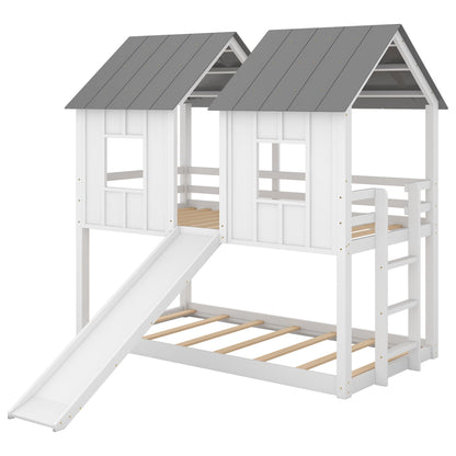 Twin Over Twin House Bunk Bed With Slide And Windows - White / Gray - The Sleep Loft - Online Mattress Showroom NYC