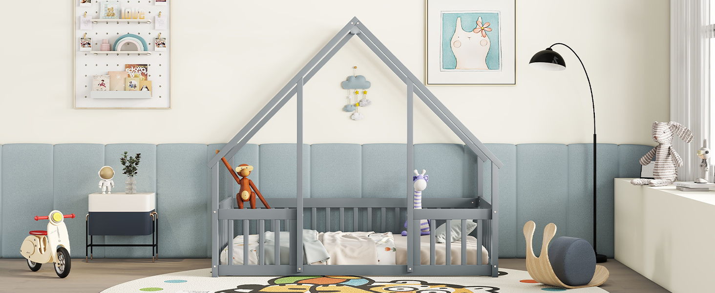 Wood House-Shaped Floor Bed With Fence, Guardrails - The Sleep Loft - Online Mattress Showroom NYC