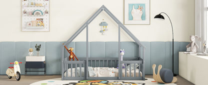 Wood House-Shaped Floor Bed With Fence, Guardrails - The Sleep Loft - Online Mattress Showroom NYC