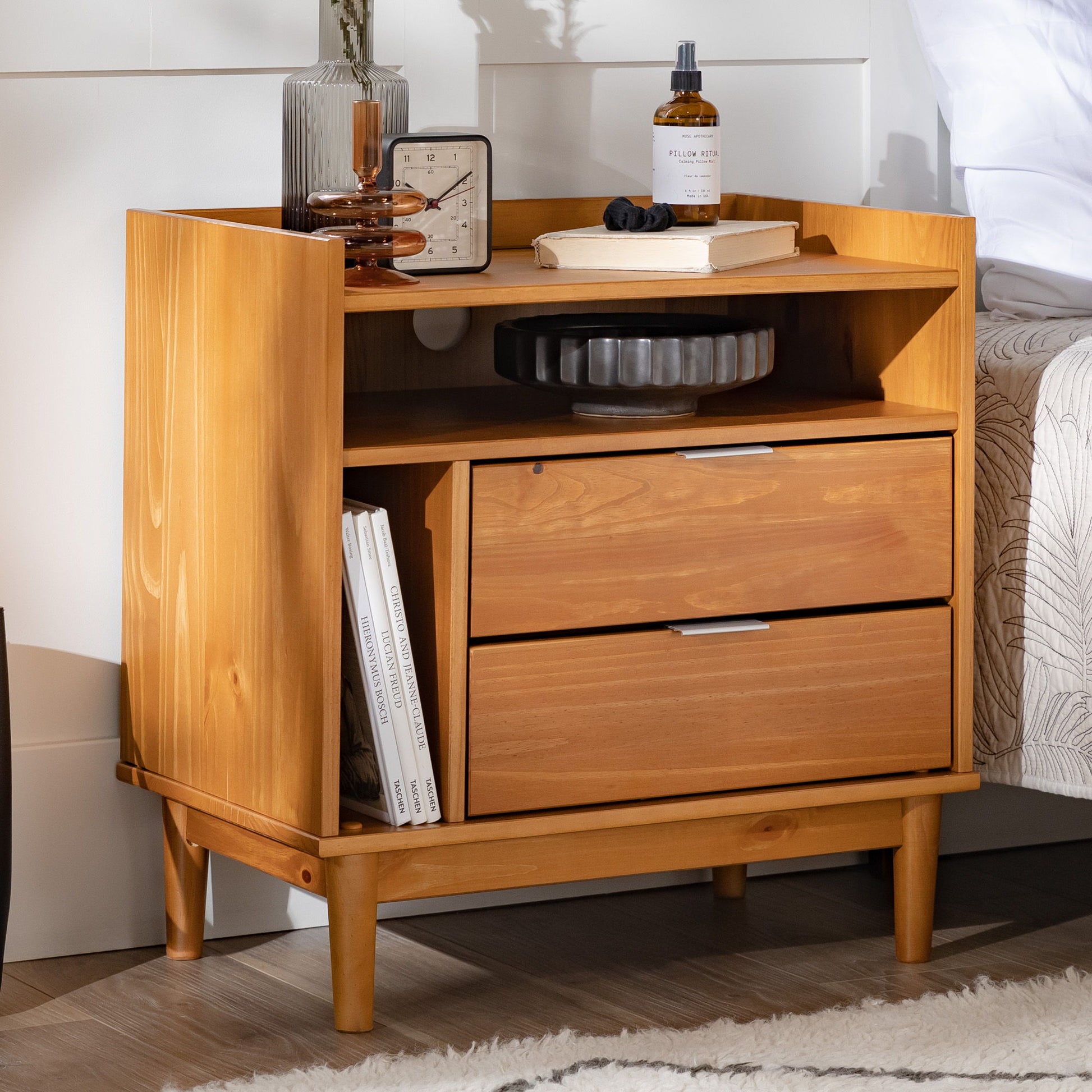 Mid-Century Modern Solid Wood 2 Drawer Gallery Nightstand - The Sleep Loft - Online Mattress Showroom NYC