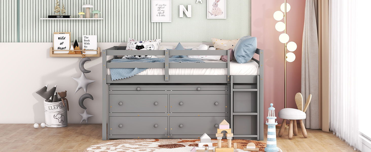 Loft Bed With Retractable Writing Desk And 4 Drawers, With Lateral Portable Desk And Shelves - The Sleep Loft - Online Mattress Showroom NYC