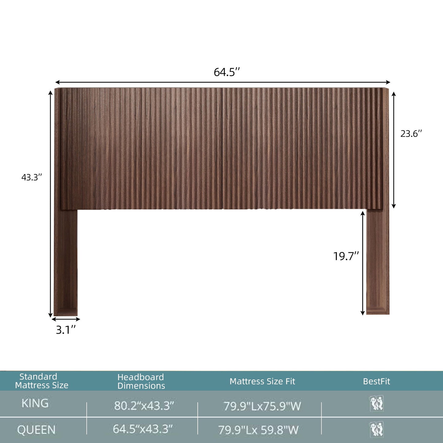Queen Headboard Only, Fluted Panel Design - Walnut - The Sleep Loft - Online Mattress Showroom NYC