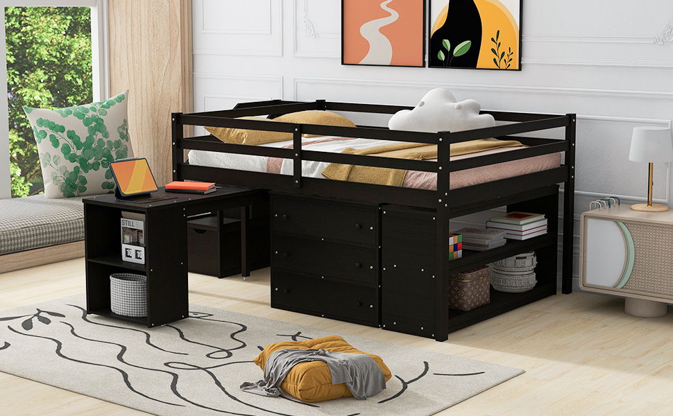Loft Bed With Retractable Writing Desk And 3 Drawers With Storage Stairs And Shelves - The Sleep Loft - Online Mattress Showroom NYC