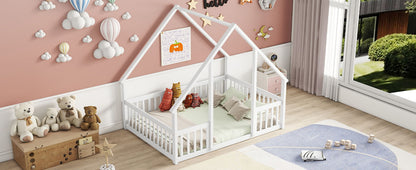 Wood House-Shaped Floor Bed With Fence, Guardrails - The Sleep Loft - Online Mattress Showroom NYC
