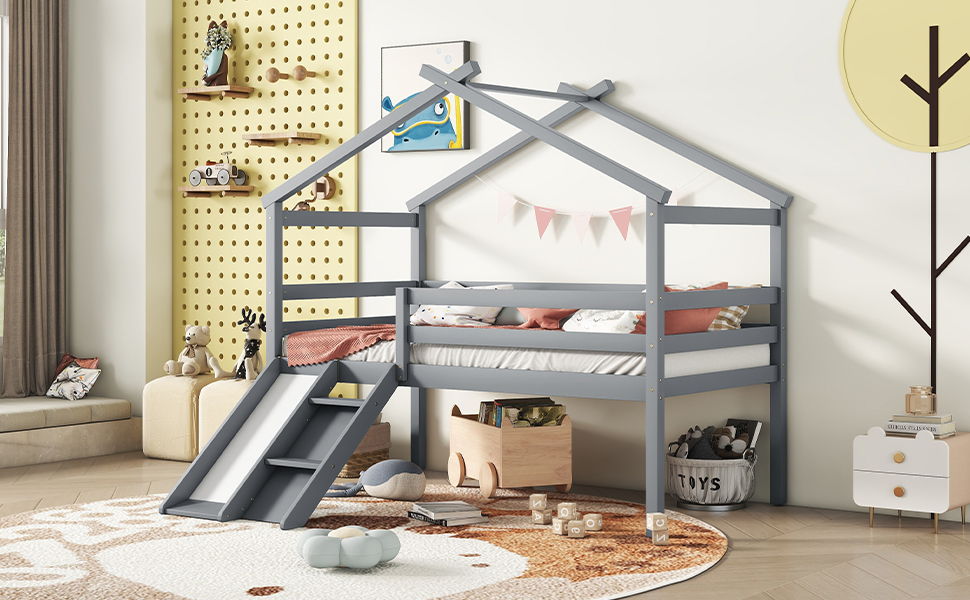 Low Loft House Bed With Slide, Ladder, Safety Guardrails, House Roof Frame - The Sleep Loft - Online Mattress Showroom NYC
