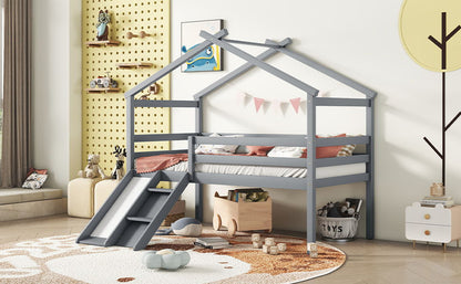 Low Loft House Bed With Slide, Ladder, Safety Guardrails, House Roof Frame - The Sleep Loft - Online Mattress Showroom NYC