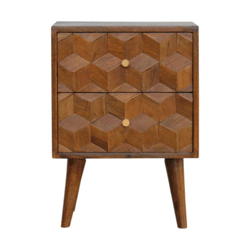 Cube Carved Bedside Table Nightstand - Chestnut - The Sleep Loft - Online Mattress Showroom NYC
