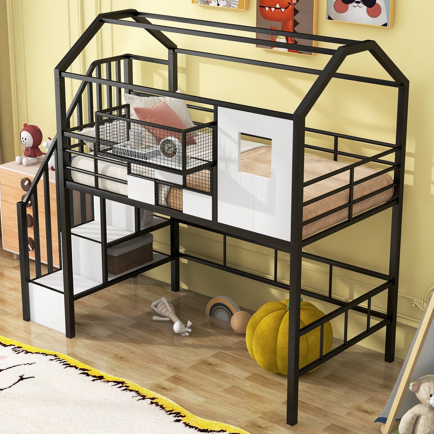 Metal Loft Bed With Roof Design And Storage Box With Guardrails And Integrated Ladder - The Sleep Loft - Online Mattress Showroom NYC