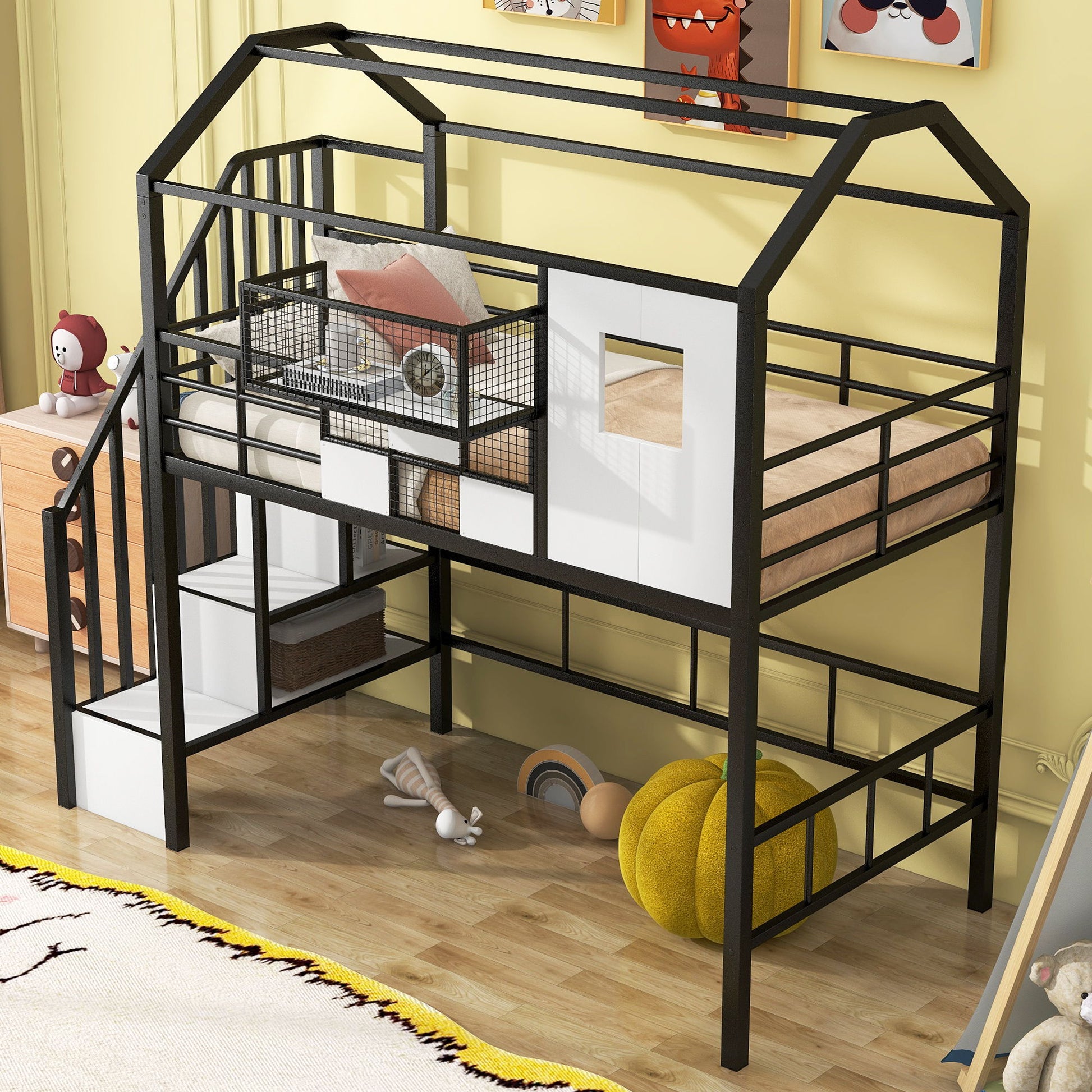 Metal Loft Bed With Roof Design And Storage Box With Guardrails And Integrated Ladder - The Sleep Loft - Online Mattress Showroom NYC