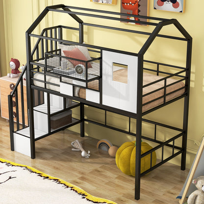 Metal Loft Bed With Roof Design And Storage Box With Guardrails And Integrated Ladder - The Sleep Loft - Online Mattress Showroom NYC