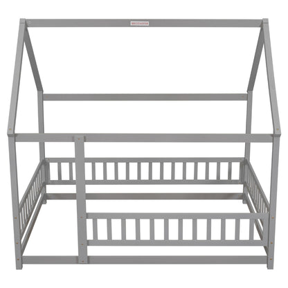 Floor Wooden Bed With House Roof Frame, Fence Guardrails - The Sleep Loft - Online Mattress Showroom NYC