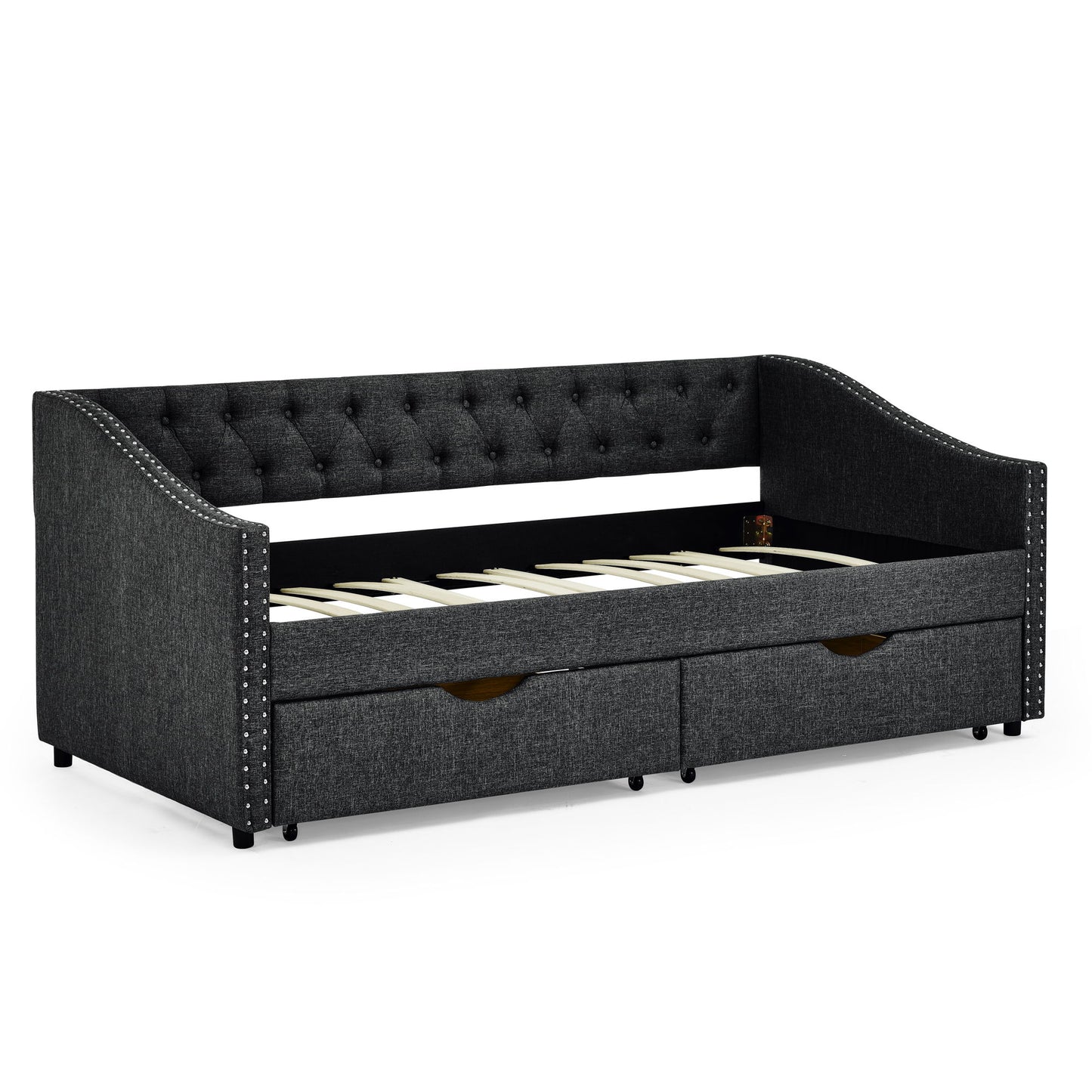 Upholstered Tufted Daybed With 2 Drawers, Waved Arms - The Sleep Loft - Online Mattress Showroom NYC