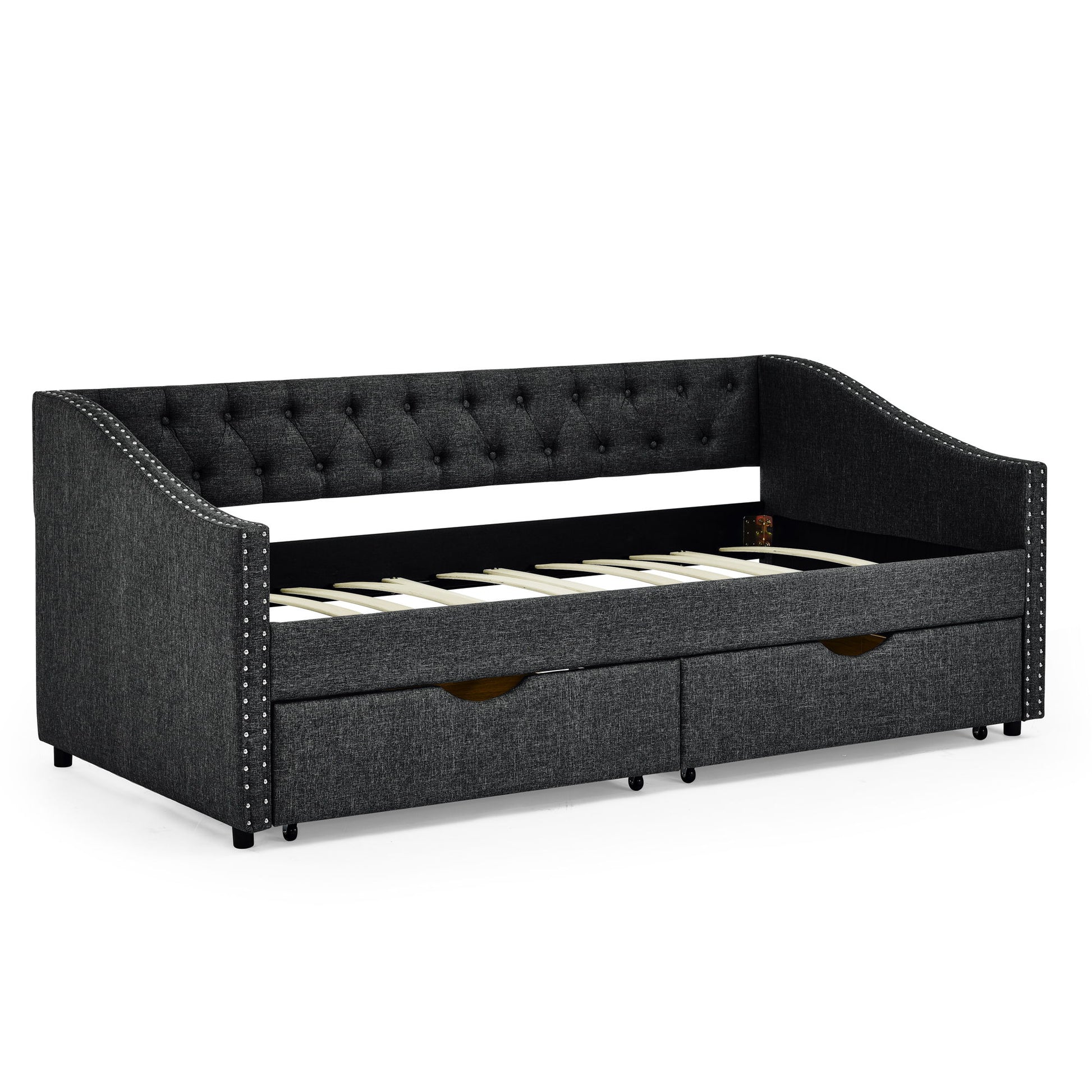 Upholstered Tufted Daybed With 2 Drawers, Waved Arms - The Sleep Loft - Online Mattress Showroom NYC