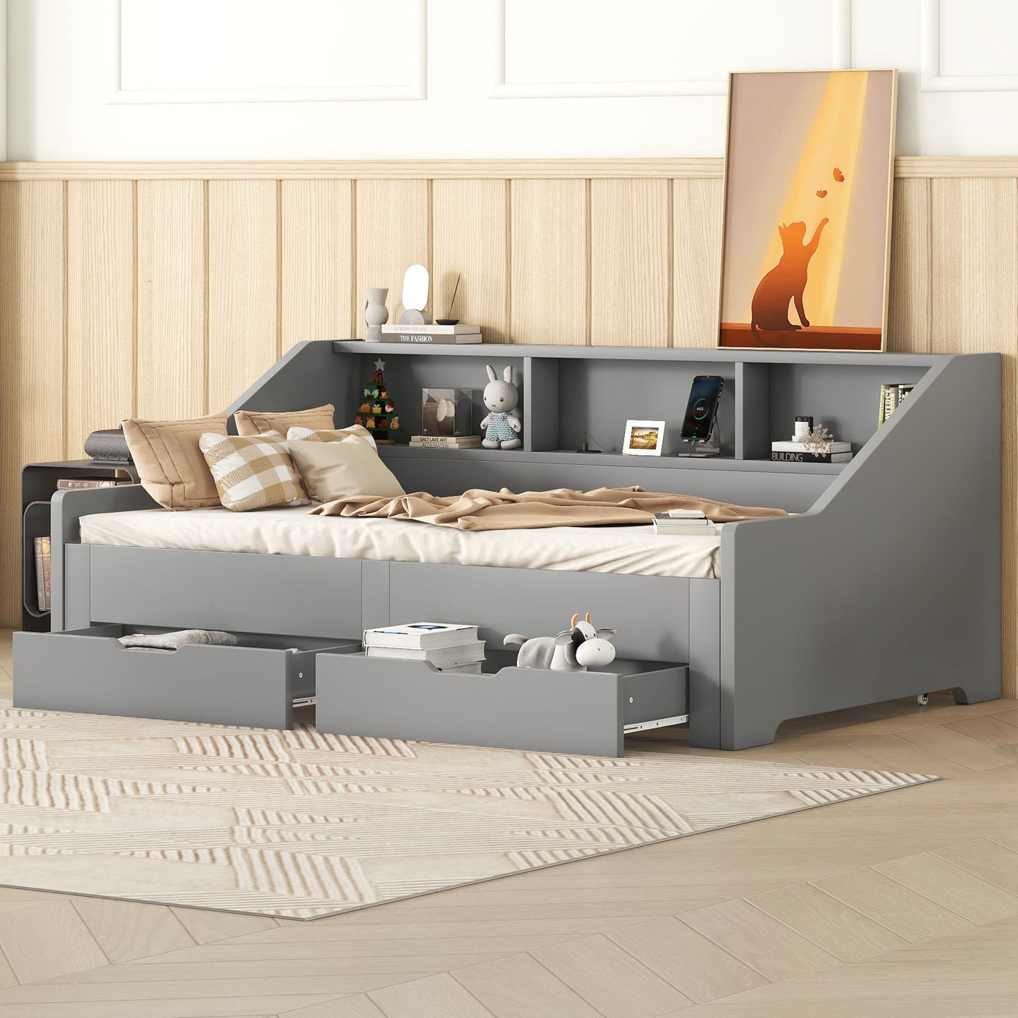 Daybed Frame With Storage Bookcases, 2 Drawers, Charging Station - The Sleep Loft - Online Mattress Showroom NYC