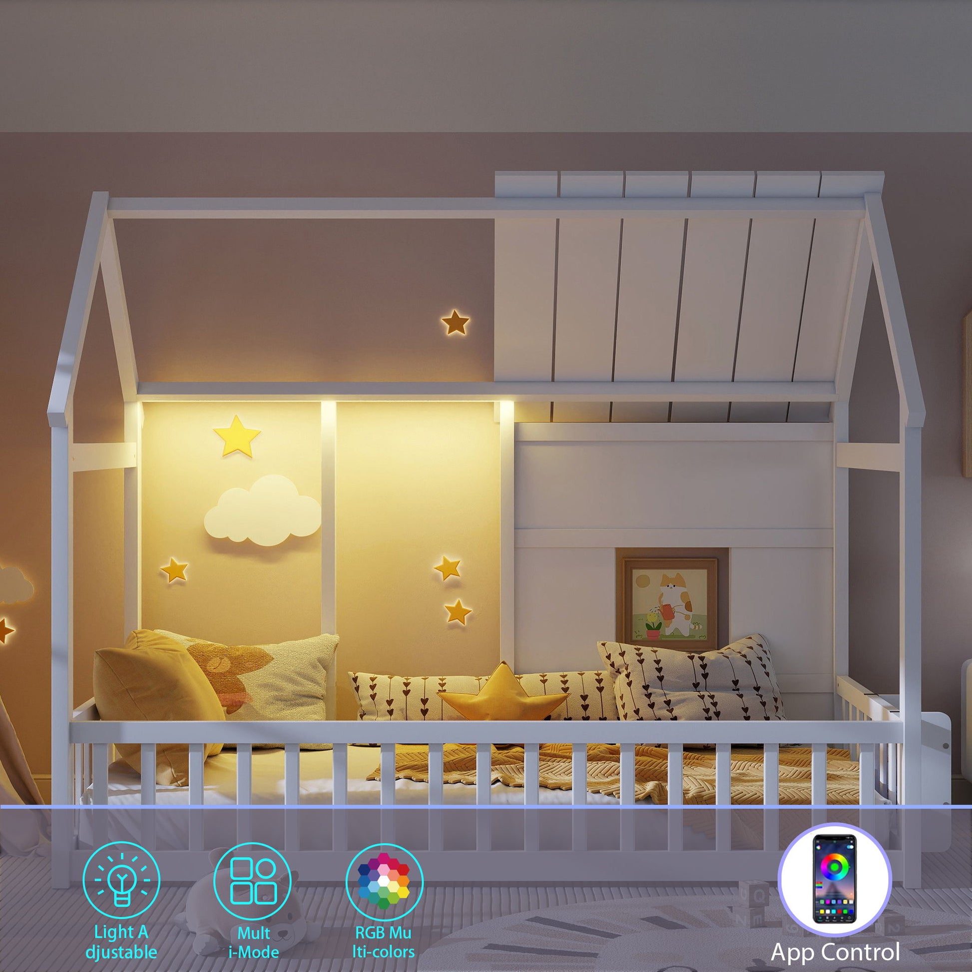 House Floor Bed With 7 Color LED Light, Built In Bookshelf - The Sleep Loft - Online Mattress Showroom NYC