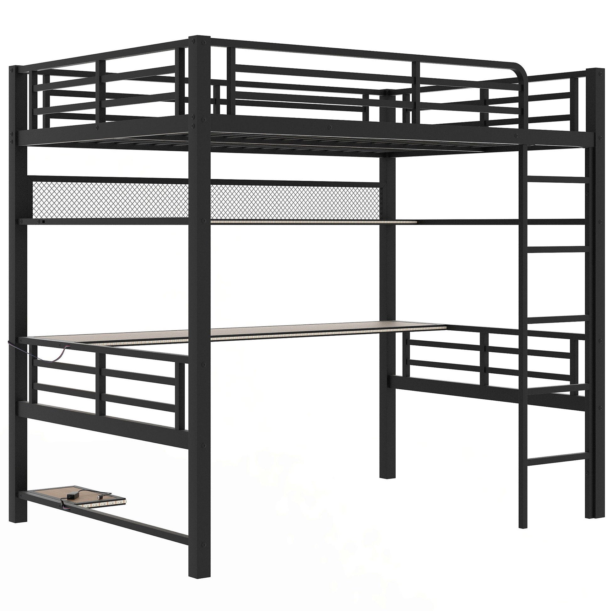Full Size Loft Bed Frame With Storage Shelf And LED Light - Black - The Sleep Loft - Online Mattress Showroom NYC