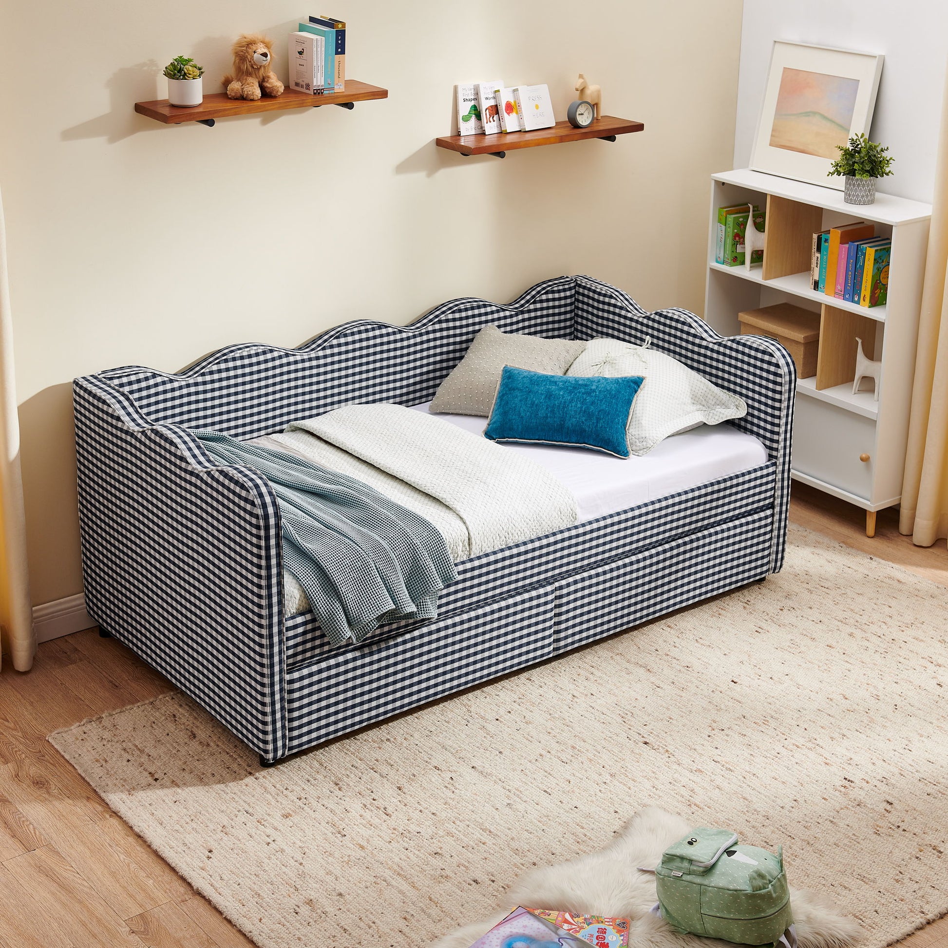 Gingham Daybed With USB Charging Port, Wave-Shaped Design - The Sleep Loft - Online Mattress Showroom NYC