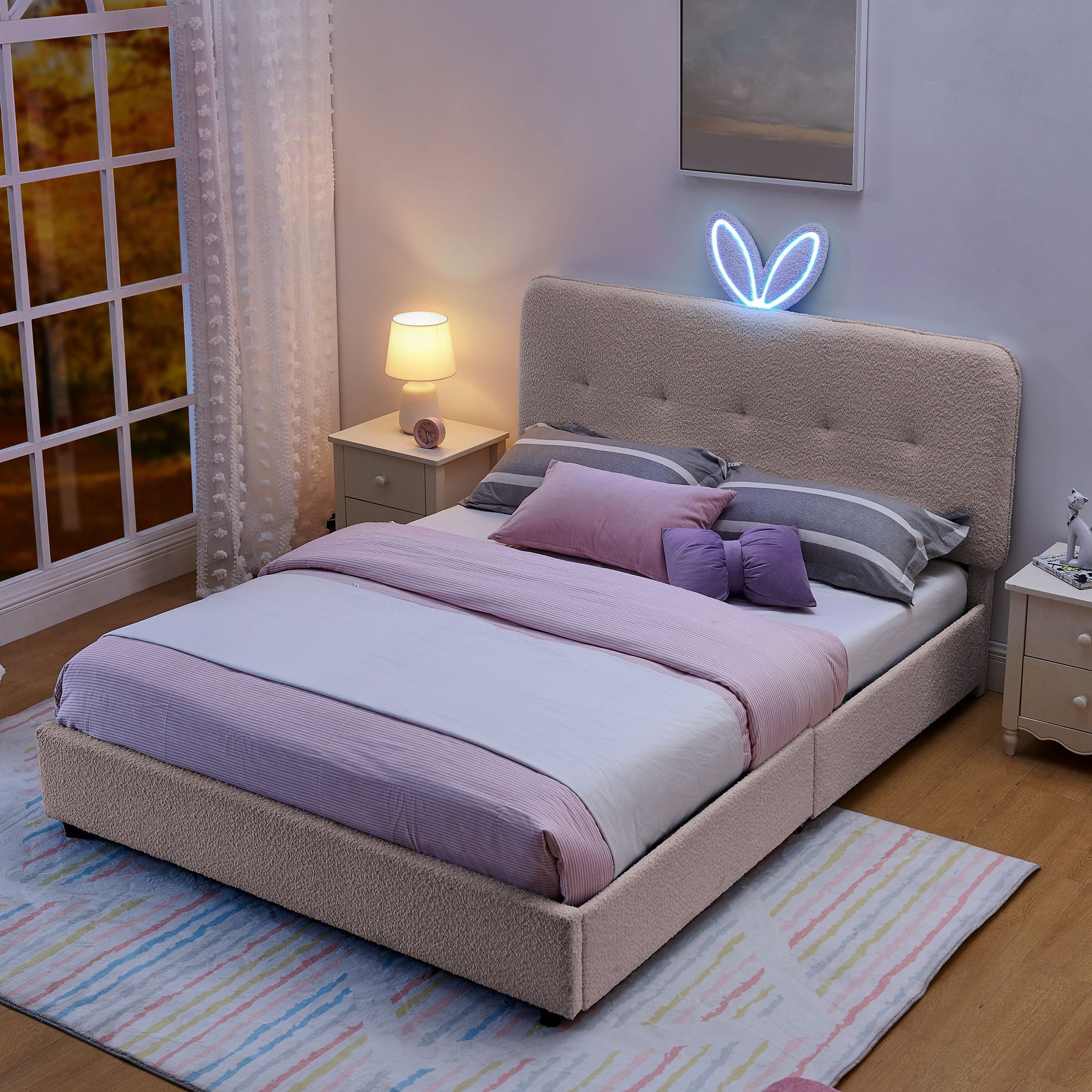 Upholstered Bed With Oversized Rabbit Ear Headboard, LED Lights & 4 Storage Drawers - The Sleep Loft - Online Mattress Showroom NYC