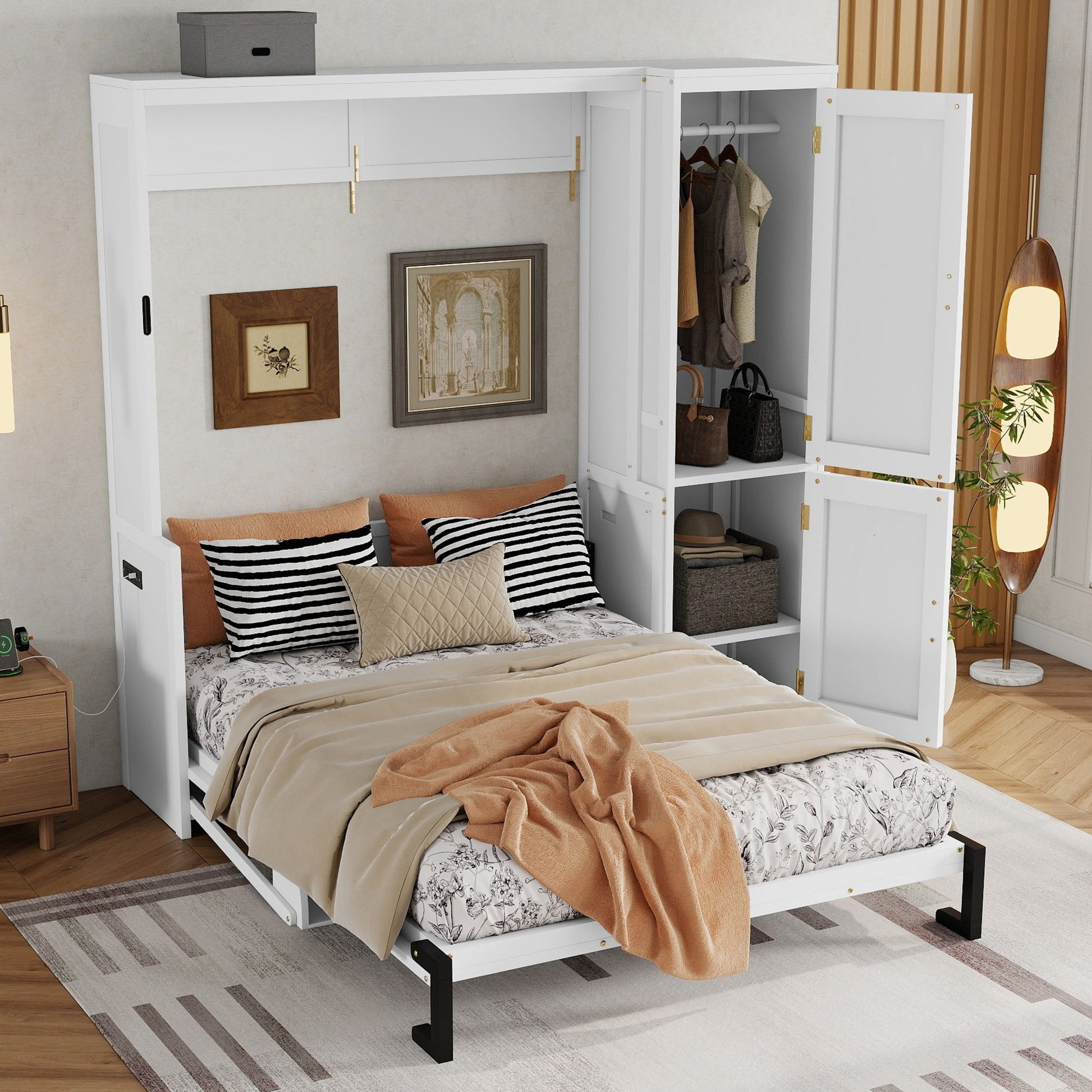 Queen Size Murphy Bed With Wardrobe, Space-Saving Hidden Wall Bed With Desk And Charging Station - White - The Sleep Loft - Online Mattress Showroom NYC