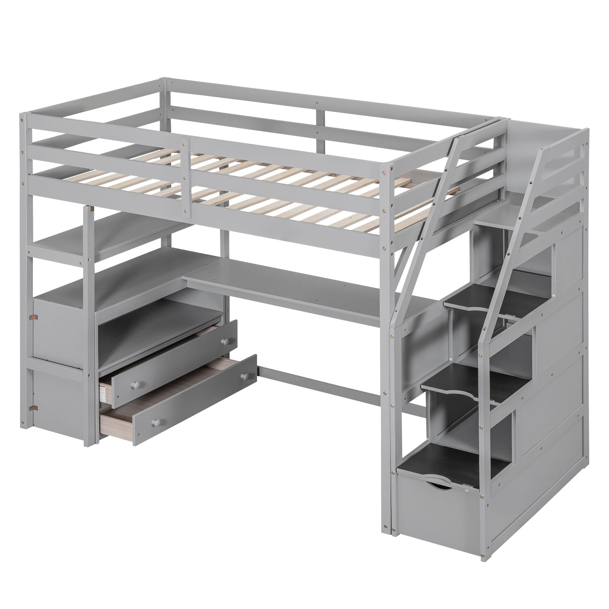 Loft Bed With Desk, Shelves, 2 Drawers, Storage Staircase - The Sleep Loft - Online Mattress Showroom NYC