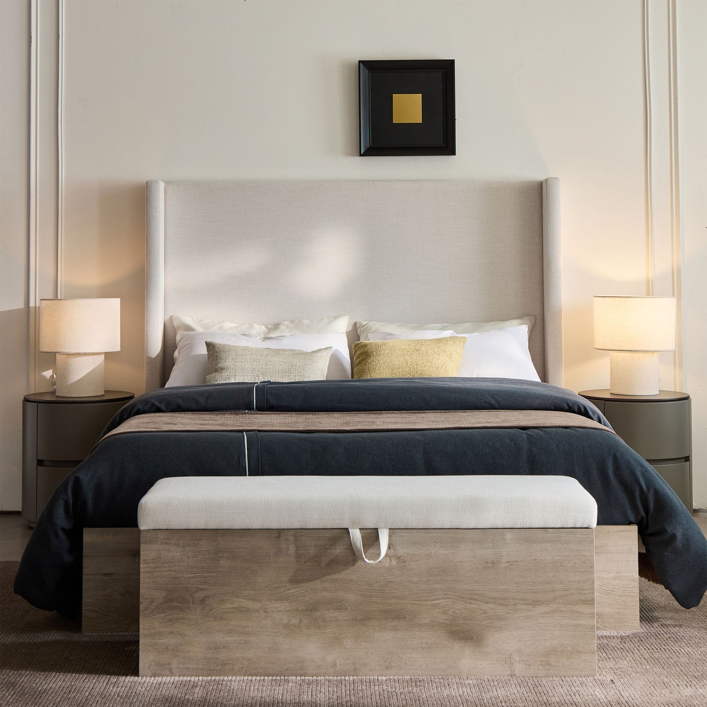 Shelton - Queen Upholstered Wingback Bed With 54" High Headboard - Ivory / Light Gray / Camel Oak - The Sleep Loft - Online Mattress Showroom NYC