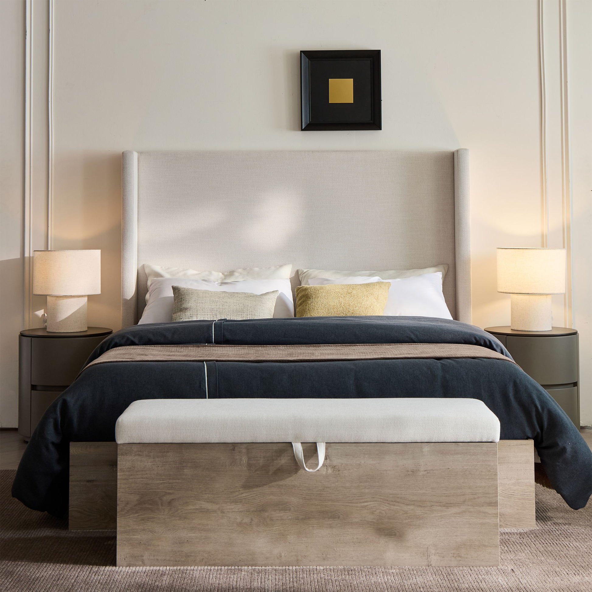 Shelton - Queen Upholstered Wingback Bed With 54" High Headboard - Ivory / Light Gray / Camel Oak - The Sleep Loft - Online Mattress Showroom NYC