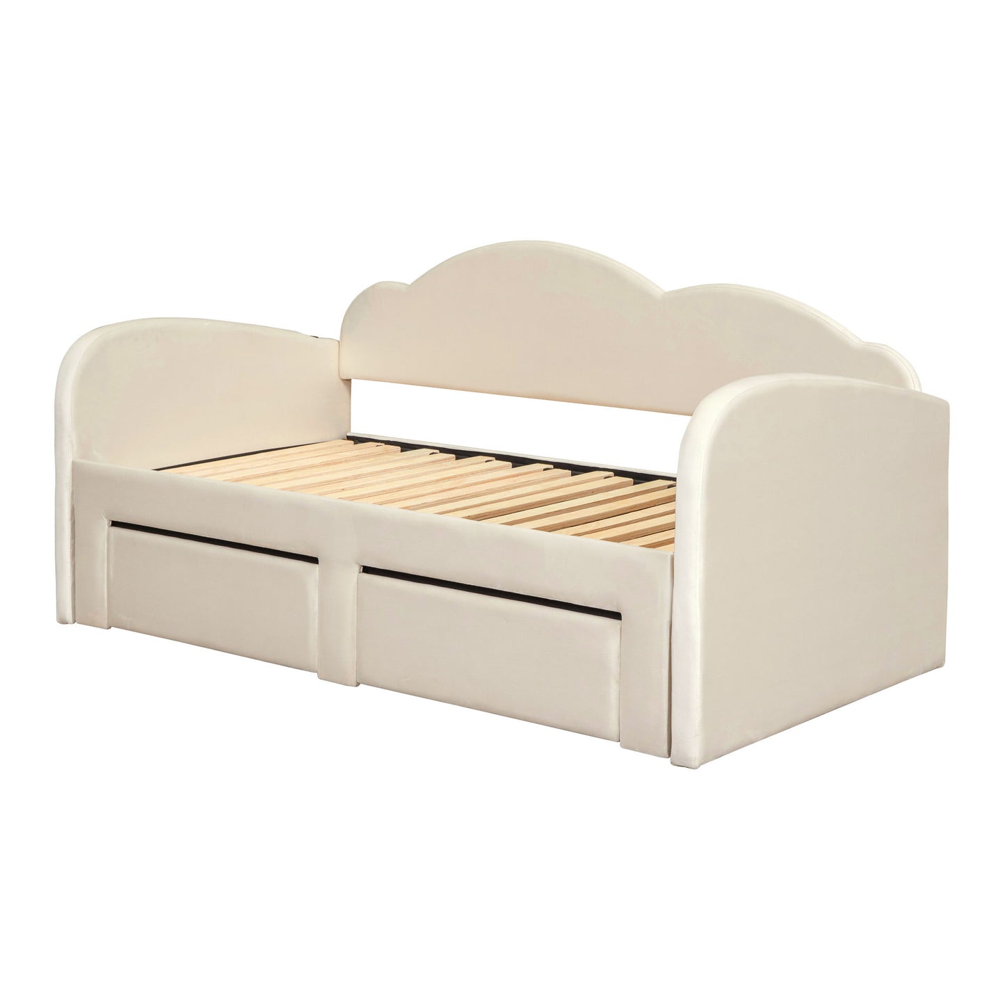 Upholstered Daybed With Cloud-Shaped Backrest, Trundle & 2 Drawers And USB Ports - The Sleep Loft - Online Mattress Showroom NYC