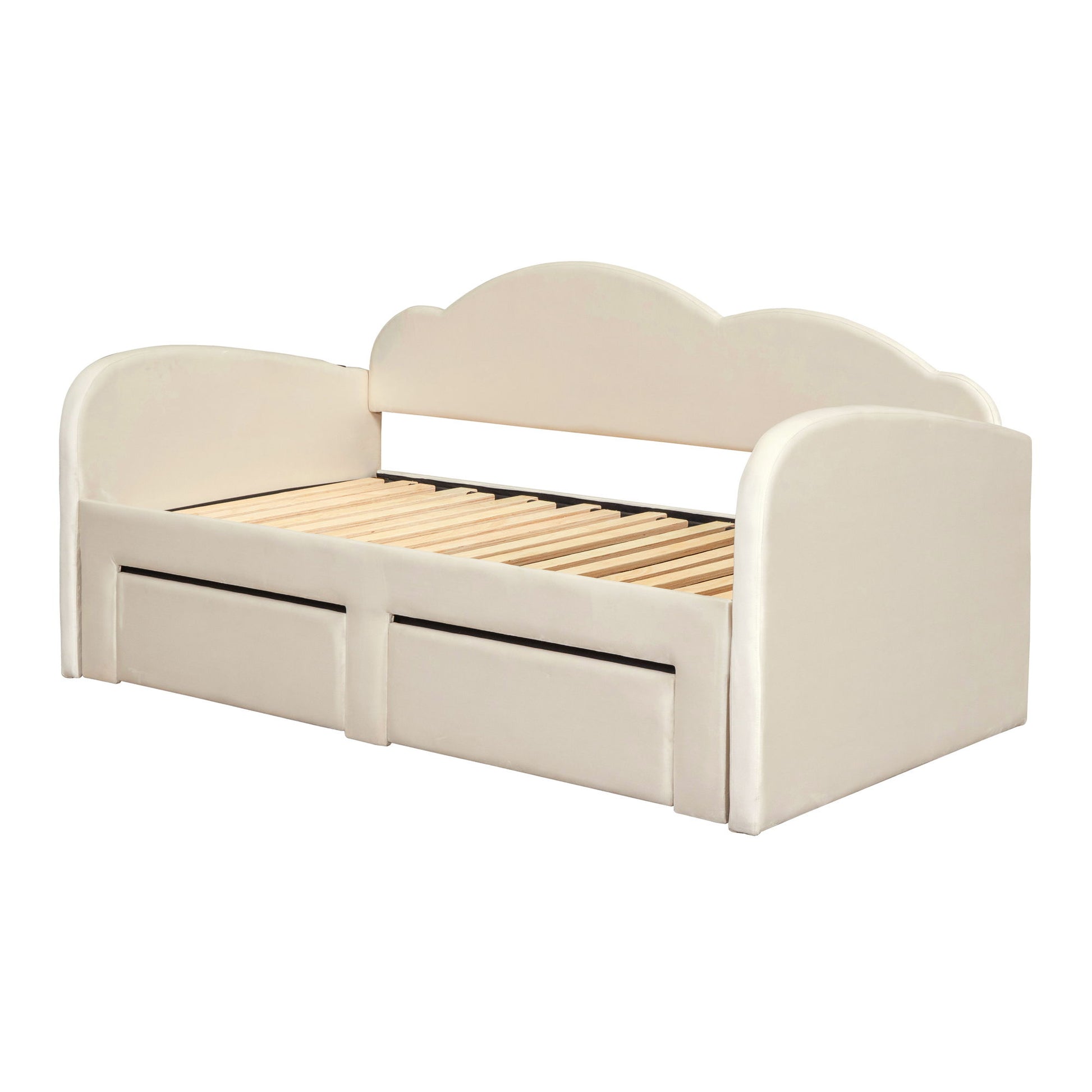 Upholstered Daybed With Cloud-Shaped Backrest, Trundle & 2 Drawers And USB Ports - The Sleep Loft - Online Mattress Showroom NYC